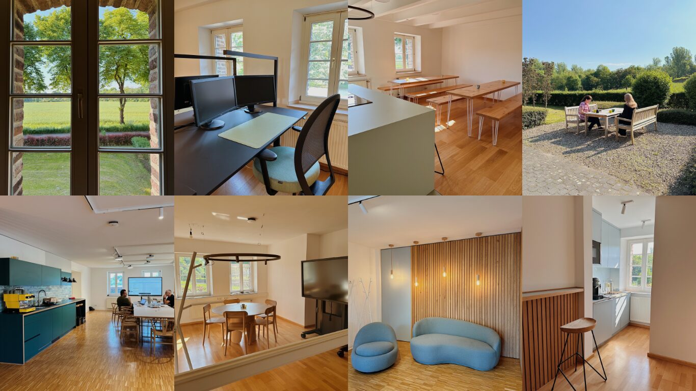 Collage mit Bildern vom Büro der Full-Funel-Media- und Marketingagentur tyytyväinen im Haus Meer in Meerbusch bei Düsseldorf